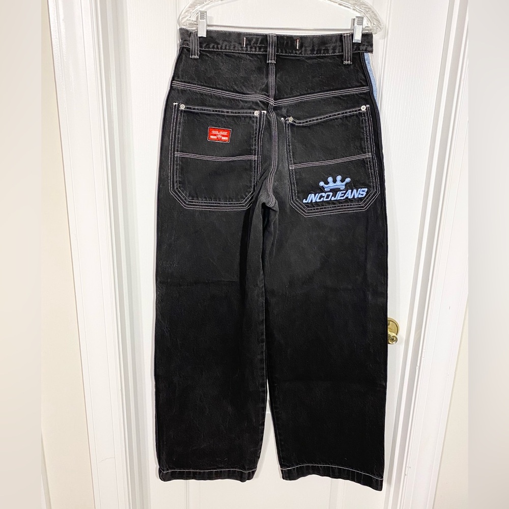 Y2K JNCO Tribal Crown Reflective Stripes Baggy Fit Jeans VTG Black Blue 32X32
